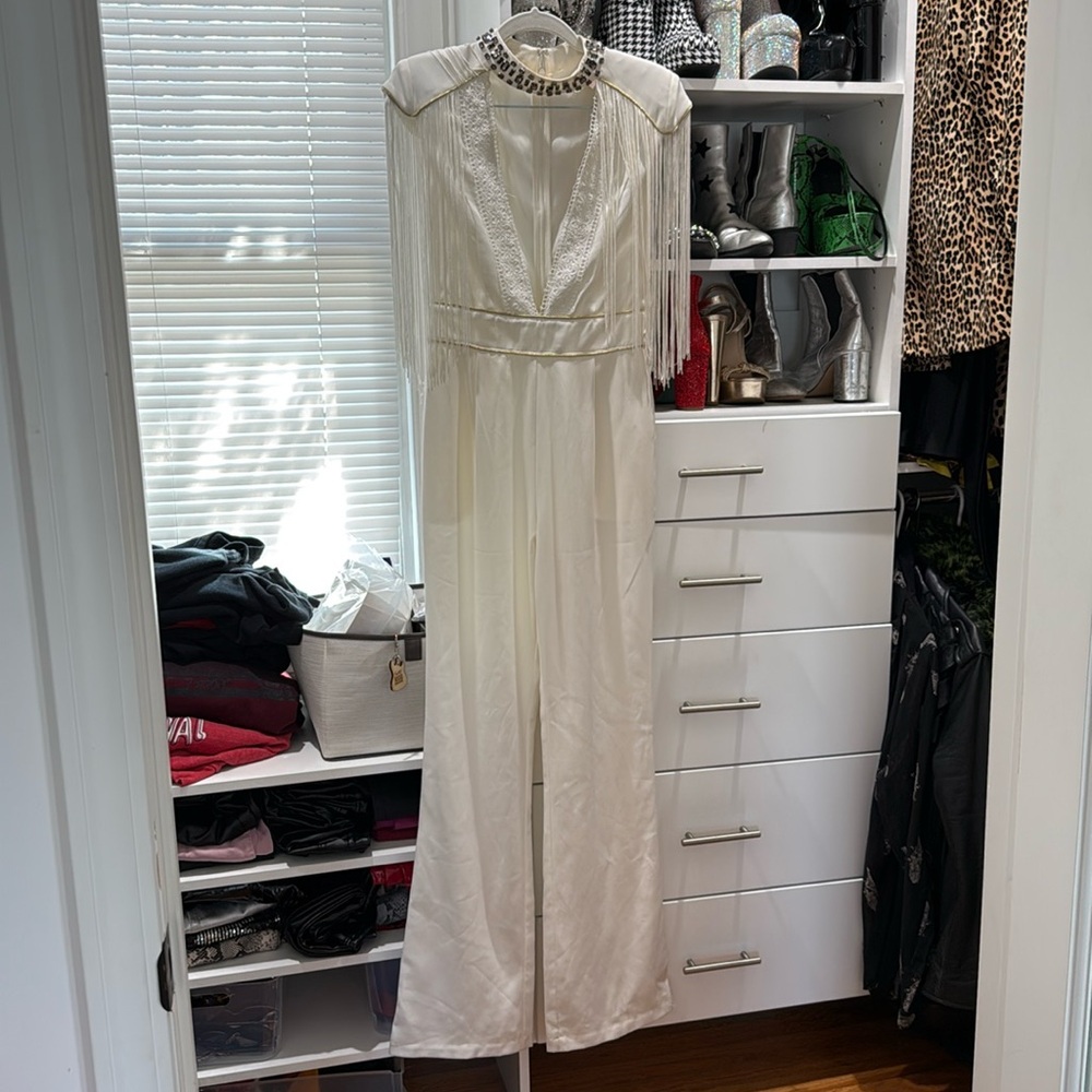 White fringe sleeve jumpsuit